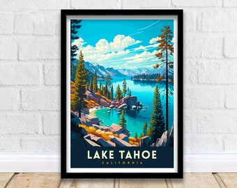 May include: A vintage travel poster design featuring a scenic view of Lake Tahoe, California. The poster has a blue, green, and white color scheme with a mountain range in the background and a lake in the foreground. The text "LAKE TAHOE CALIFORNIA" is printed at the bottom of the poster.