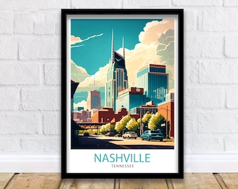Może przedstawiać: Kolorowa ilustracja panoramy Nashville z charakterystycznym budynkiem AT&T, na tle niebieskiego nieba i białych chmur. Tekst "NASHVILLE TENNESSEE" znajduje się na dole obrazu.