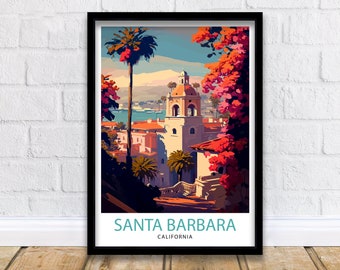 May include: A vintage travel poster featuring a colorful illustration of a cityscape with a church building, palm trees, and a mountain in the background. The text "SANTA BARBARA CALIFORNIA" is at the bottom of the poster.