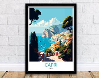 Capri Italy Travel Poster, Coastal Illustration Art Print