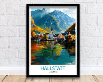Resetryck med Hallstatt Österrike, väggdekoration med Hallstatt, heminredning med Hallstatt, illustration med Hallstatt, reseaffisch med Österrike-motiv, heminredning med Österrike-motiv