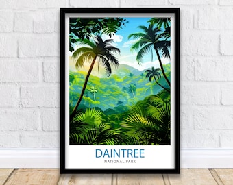 May include: A framed poster with a colorful illustration of a tropical rainforest with palm trees and lush greenery. The text "DAINTREE NATIONAL PARK" is at the bottom of the poster.