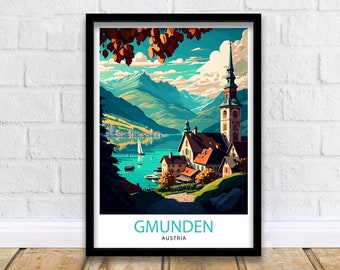 May include: A vintage travel poster featuring a picturesque view of Gmunden, Austria. The poster depicts a charming village nestled on the shores of a lake, with a towering church steeple and snow-capped mountains in the background. The text "GMUNDEN AUSTRIA" is displayed at the bottom of the poster.