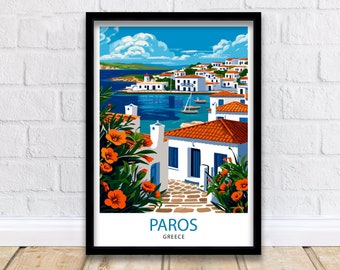 May include: A colorful illustration of a white village with red-tiled roofs on the island of Paros, Greece. The village is situated on a hillside overlooking a blue bay with boats. The image is framed with a black border and includes the text "PAROS GREECE".