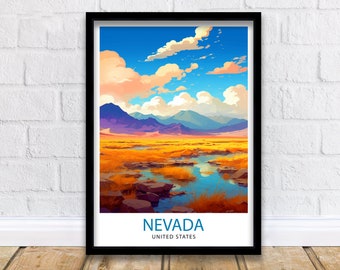 May include: A vintage travel poster design featuring a scenic landscape of a lake and mountains in Nevada, United States. The poster has a blue sky with white clouds and a yellow and orange field with a blue lake in the foreground.