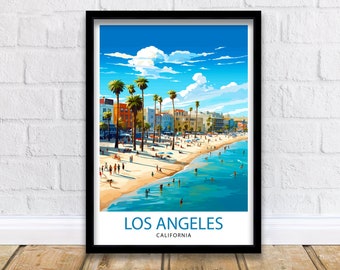 May include: A colorful illustration of a beach scene in Los Angeles, California. The image shows palm trees, buildings, and people on the beach. The text "Los Angeles, California" is at the bottom of the image.