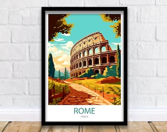 May include: A vintage travel poster featuring a colorful illustration of the Colosseum in Rome, Italy. The poster has a blue sky with white clouds, green trees, and a stone path leading to the Colosseum. The text "ROME" and "ITALY" is printed in white at the bottom of the poster.