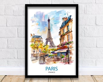 Op de afbeelding: Een aquarel van de Eiffeltoren in Parijs, Frankrijk. De schildering toont een straatbeeld met een café en mensen die buiten zitten. De tekst "PARIS FRANCE" staat onderaan de schildering.