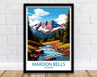 Maroon Bells Colorado Print, Mountain Landscape Illustration