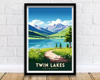 May include: A vintage travel poster design featuring a scenic view of Twin Lakes, Colorado. The poster depicts a mountain range with a lake in the foreground, a winding path leading to a pine tree, and a blue sky with white clouds.