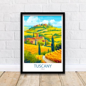 May include: A colorful illustration of a Tuscan landscape with rolling hills, a small village, and cypress trees. The text "Tuscany, Italy" is at the bottom of the image.