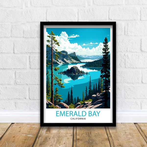 Emerald Bay Travel Print| Lake Tahoe Wall Art Emerald Bay Home Deco  Lake Tahoe Travel Poster Emerald Bay Illustration  Lake Tahoe Gift