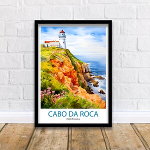 May include: A watercolour painting of a white lighthouse on a cliff overlooking the sea. The lighthouse has a red roof and is surrounded by green grass and red rocks. The text "Cabo da Roca" and "Portugal" is printed below the image.