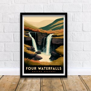 Four Waterfalls Walk Brecon Beacons Travel Print Brecon Beacons Wall Decor Home Living Decor Wales Illustration Travel Poster Gift for Hiker