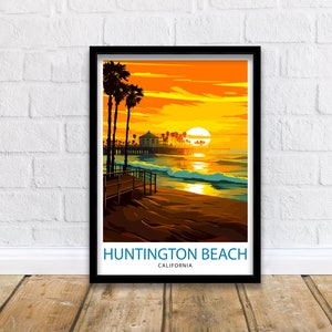 Huntington Beach California Travel Print| Surf City Wall Decor Coastal Living Room Decor Huntington Beach Illustration Travel Poster Gift