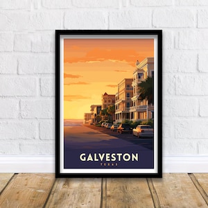 Galveston Texas Beach Art Coastal Charm Print| Pleasure Pier Poster Historic Strand District Wall Art Victorian Architecture Illustration