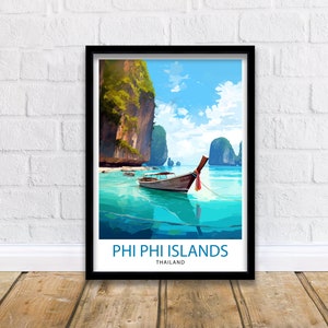 May include: A colourful illustration of a longtail boat in turquoise water with green cliffs in the background. The text "PHI PHI ISLANDS THAILAND" is at the bottom of the image.