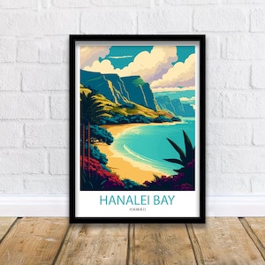 Hanalei Bay Hawaii Travel Print  Wall Decor, Home Living Decor Hawaii Illustration Travel Poster Gift For Hawaii Home Decor