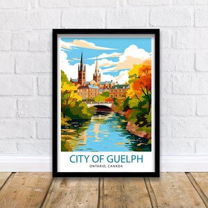 May include: A vintage-style illustration of the City of Guelph, Ontario, Canada. The image features a river with a bridge, trees, and buildings with tall spires.