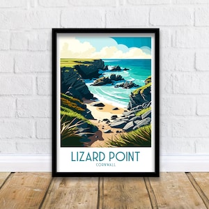Può includere: Un'illustrazione colorata di una scena costiera con una spiaggia rocciosa e acqua turchese. Il testo "Lizard Point, Cornwall" è in basso nell'immagine.