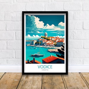 May include: A colorful illustration of a coastal town with red-tiled roofs and a sailboat in the harbor. The text "VODICE CROATIA" is at the bottom of the image.