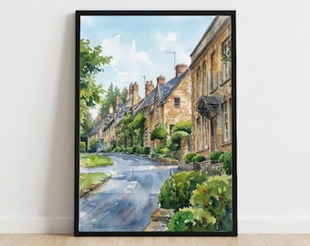 Cotswolds Watercolour Painting: England Village Landscape Print, Scenic Wall Art