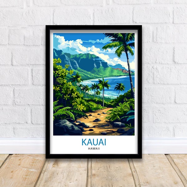 Kauai Hawaii Reiseplakat Tropisches Paradies Kunst Na Pali Coast Druck Garteninsel Wanddekor Hawaiianische Insel Illustration Exotische Landschaft