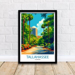 May include: A vintage travel poster featuring a colourful illustration of a tree-lined path leading to a building in Tallahassee, Florida. The text "TALLAHASSEE FLORIDA" is at the bottom of the poster.