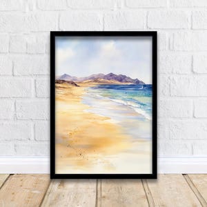 Pintura de acuarela de Fuerteventura Arte de las Islas Canarias Impresión de Fuerteventura Decoración de playa escénica