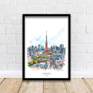 Tokyo Japan Watercolor Painting Tokyo Skyline Art Japan Print Scenic Cityscape Watercolor Decor