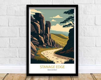 May include: A vintage-style illustration of a winding road leading through a rocky landscape with a green hillside in the background. The text "STANAGE EDGE PEAK DISTRICT" is at the bottom of the image.