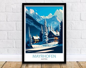 Mayrhofen Austria Travel Poster, Winter Mountain Scene