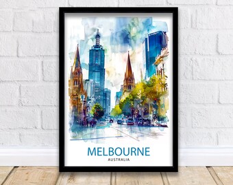 Impresión de viaje de Melbourne, Australia. Decoración de pared con paisaje urbano de Melbourne. Póster de Melbourne. Impresiones de viaje de Australia. Impresión artística de Melbourne.