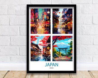 May include: A collage of four images depicting different scenes in Japan. The top left image shows a bustling city street at night with colorful lights and signs. The top right image shows a traditional Japanese street with red lanterns hanging overhead. The bottom left image shows a street lined with cherry blossom trees. The bottom right image shows a view of Mount Fuji with a traditional Japanese gate in the foreground. The text "JAPAN" and "ASIA" is printed below the images.