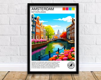 Amsterdam Travel Print  Amsterdam Wall Art Amsterdam Home Decor Amsterdam Illustration Travel Poster Netherlands Print Gift for Amsterdam