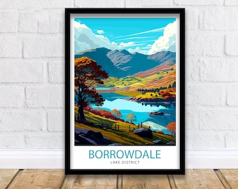 Impresión de viaje de Borrowdale Lake District, decoración de pared de Lake District, decoración del hogar de Borrowdale, ilustración de Lake District, póster de viaje de regalo