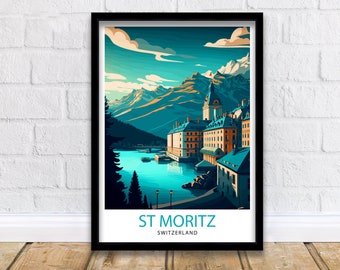 St. Moritz Schweiz Reise Poster Wanddekoration, Haus Dekor St. Moritz Illustration Reise Poster Geschenk für Schweiz Wohnkultur