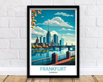 May include: A colorful illustration of the Frankfurt skyline with a river in the foreground. The city is depicted with tall buildings and a bridge. The sky is blue with white clouds. The text "FRANKFURT GERMANY" is at the bottom of the image.