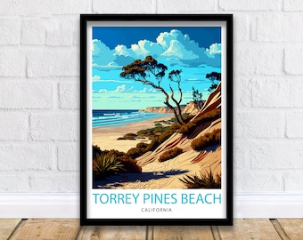 Torrey Pines Beach California Travel Print| Torrey Pines Wall Decor Torrey Pines Home Living Decor Torrey Pines Illustration Travel Poster