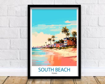 South Beach Texas Travel Print  Texas Wall Decor South Beach Poster Coastal Travel Prints Texas Art Print South Beach Illustration