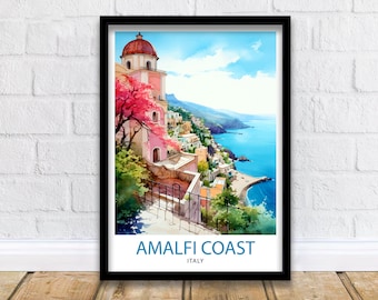 May include: A watercolor painting of the Amalfi Coast in Italy. The painting features a pink building with a red roof, a winding road, and a view of the Mediterranean Sea.