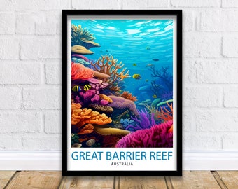 May include: Framed art print featuring a vibrant underwater scene of the Great Barrier Reef in Australia. The artwork showcases colorful coral and fish in shades of orange, pink, purple, and blue. The text "GREAT BARRIER REEF AUSTRALIA" is at the bottom.