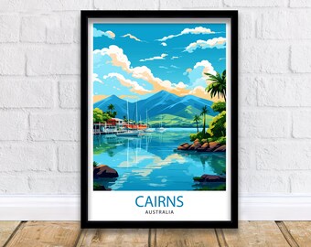 May include: A colorful illustration of a tropical scene with a mountain range in the background, a body of water with sailboats, and palm trees. The text "CAIRNS AUSTRALIA" is at the bottom of the image.