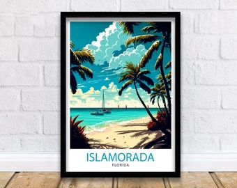 May include: A vintage travel poster featuring a colorful illustration of a tropical beach scene with palm trees, a blue sky with white clouds, and sailboats in the turquoise water. The text "ISLAMORADA FLORIDA" is at the bottom of the poster.