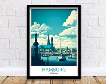 Op de afbeelding: Een kleurrijke illustratie van de skyline van Hamburg, met de Elbe, een kerk met twee torens en een veerboot. De tekst "HAMBURG GERMANY" staat onderaan de afbeelding.