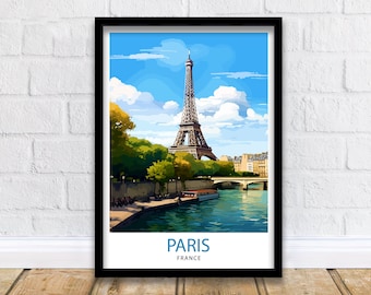 Puede incluir: Un cartel de viaje vintage con una ilustración colorida de la Torre Eiffel en París, Francia. El cartel tiene un cielo azul con nubes blancas, un río con un barco y árboles verdes. El texto "PARÍS FRANCIA" está en la parte inferior del cartel.
