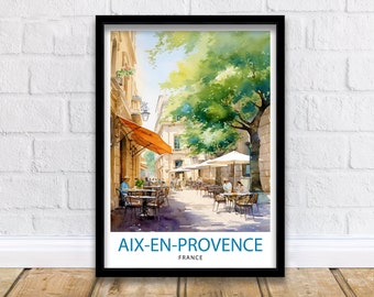 May include: A watercolour painting of a street scene in Aix-en-Provence, France. The painting depicts a narrow street lined with buildings and trees, with people sitting at outdoor cafes. The painting is framed in black.