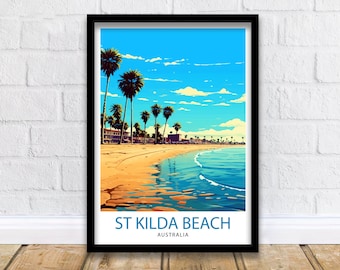 Impresión de viaje de la playa de St Kilda, Australia, decoración de pared costera, póster de la playa de St Kilda, impresiones de viajes australianos, impresión artística de playa de St Kilda