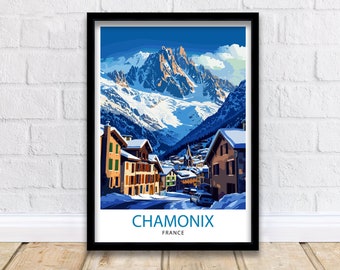 Chamonix France Print Alpine Town Art Mont Blanc Poster French Alps Wall Decor Mountain Resort Illustration Ski Destination Artwork