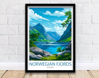 Norwegian Fjords Print  Majestic Norway Landscape Art Scenic Fjord Poster Nordic Nature Wall Decor Norway Travel Illustration Beautiful